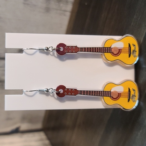 GUITAR EARRINGS dangle acrylic tan yellow NWT - Picture 2 of 4